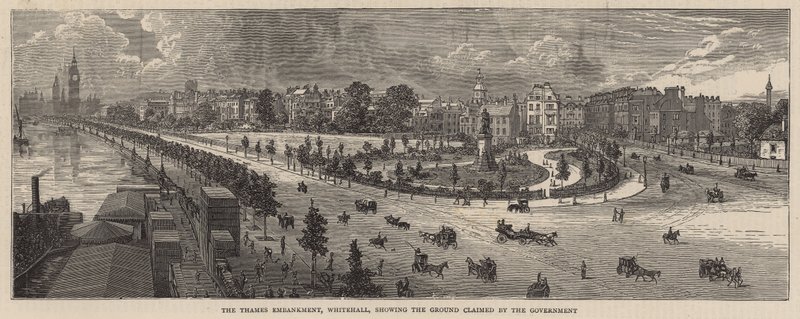 Thames Embankment, Whitehall, jossa näkyy hallituksen vaatima maaperä tekijältä English School