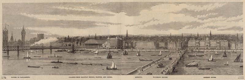 Thamesin pengerrys Thamesin pohjoispuolella Westminsterin palatsista Blackfriars Bridgeen tekijältä English School