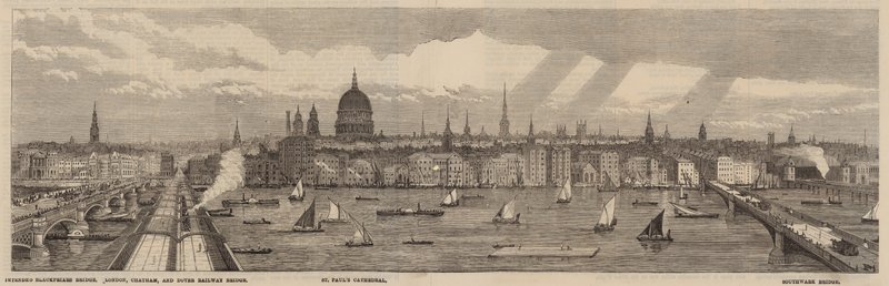 Thamesin pengerrys Thamesin pohjoispuolella Westminsterin palatsista Blackfriars Bridgeen tekijältä English School