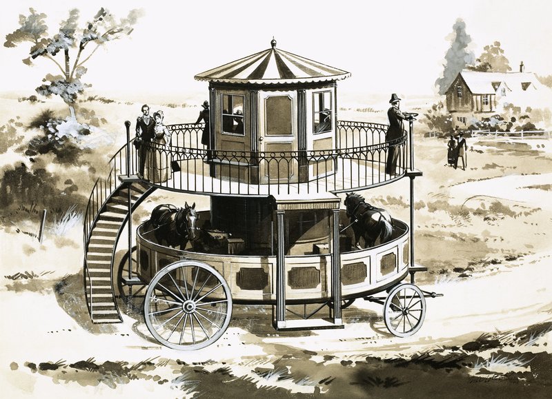 Juoksumattobussi, jonka William Francis Snowdon keksi vuonna 1824 tekijältä English School