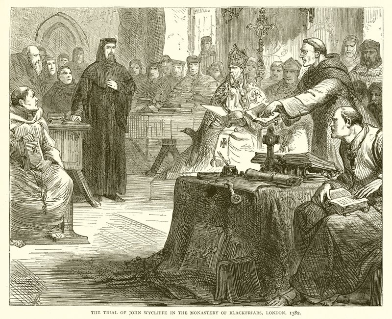 John Wycliffen oikeudenkäynti Blackfriarsin luostarissa Lontoossa, 1382 tekijältä English School