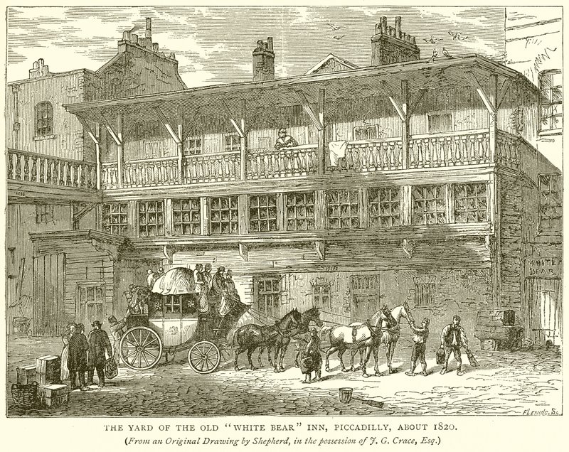 The Yard of the Old White Bear Inn, Piccadilly, noin 1820 tekijältä English School