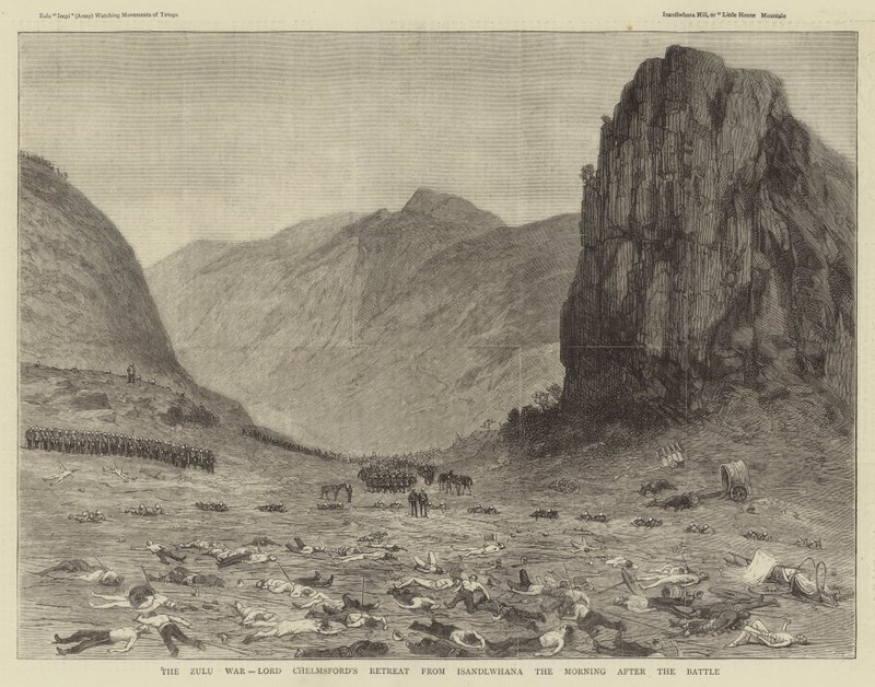 A Guerra Zulu, Retiro de Lord Chelmsford de Isandlwana na Manhã Após a Batalha (gravura) finlandês tekijältä English School