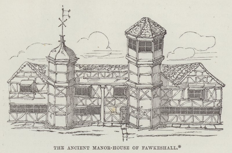 Fawkeshallin muinainen kartano (kaiverrus) tekijältä English School