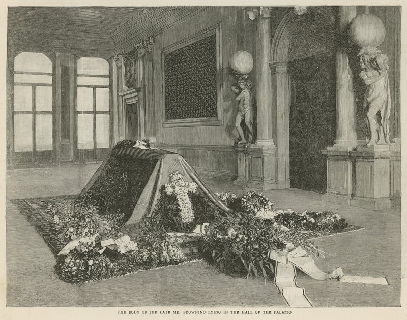 Edesmenneen herra Browningin ruumis makaa Palazzo Rezzonicon salissa Venetsiassa tekijältä English School