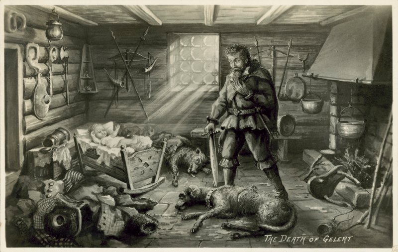 Gelertin, Llewellynin koiran, kuolema, kohtaus William Robert Spencerin runosta Beth Gelert; tai vinttikoiran hauta (litho) tekijältä English School
