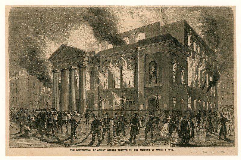 Covent Garden Theatren tuhoutuminen Lontoossa aamulla 5. maaliskuuta 1856 tekijältä English School