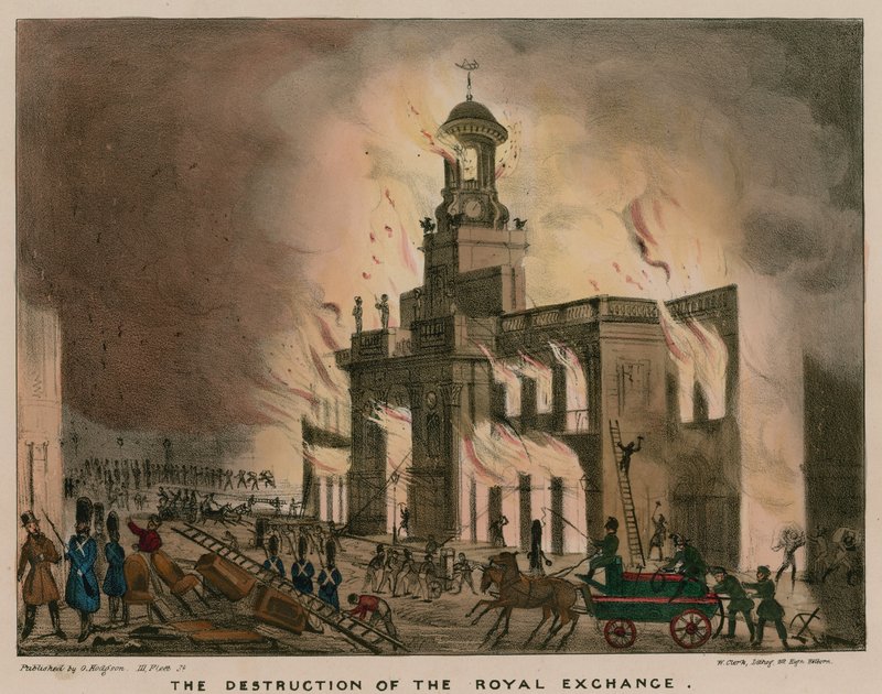 Lontoon Royal Exchangen tuhoutuminen tulipalossa tammikuun 10. päivän yönä 1838 tekijältä English School