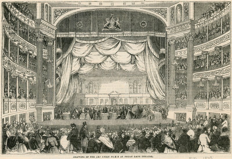 Art Unionin palkintojen arvonta Drury Lane -teatterissa vuonna 1843 tekijältä English School