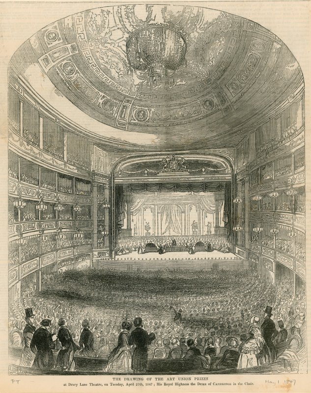 Art Unionin palkintojen arvonta Drury Lane -teatterissa 27. huhtikuuta 1847 tekijältä English School
