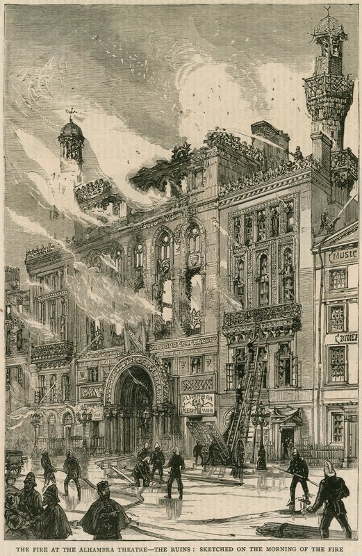 Alhambra-teatterin tulipalo - rauniot, piirretty tulipaloaamuna, 7. joulukuuta 1882 tekijältä English School