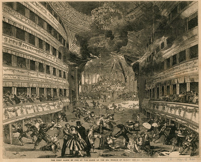 Ensimmäinen palohälytys Bal Masquen sulkeutuessa Covent Garden Theatressa Lontoossa tekijältä English School