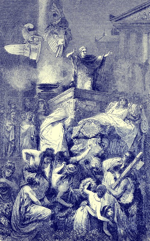 Hautajaispuhe roomalaisesta sankarista, kuvitus teoksesta The Illustrated History of the World, julkaistu n. 1880 (digitaalisesti paranneltu kuva) tekijältä English School