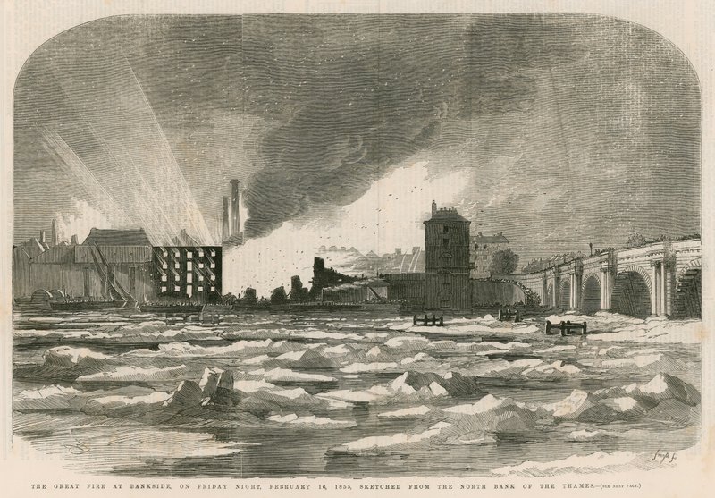 Suuri tulipalo Banksidessa perjantai-iltana, 14. helmikuuta 1855, piirretty Thamesin pohjoisrannalta tekijältä English School
