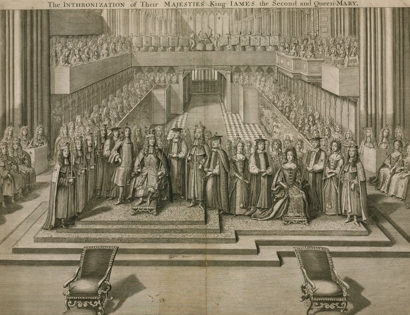 Heidän Majesteettiensa kuningas James II:n ja kuningatar Maryn istuminen Westminster Abbeyssa tekijältä English School
