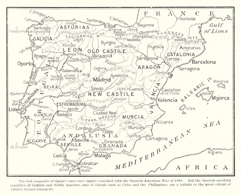 Viimeiset jäänteet Espanjan aikoinaan valtavasta imperiumista katosivat vuoden 1898 espanjalais-amerikkalaisessa sodassa (litografia). tekijältä English School
