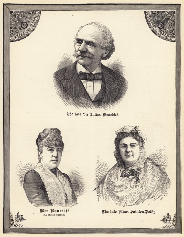 Edesmennyt Sir Julius Benedict, rouva Bancroft (s. Marie Wilton), edesmennyt Madame Sainton Dolby (kaiverrus) tekijältä English School