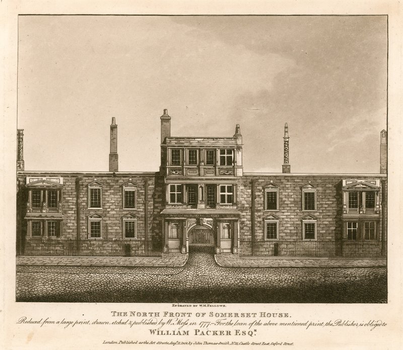 Somerset Housen pohjoisrintama, The Strand, Lontoo, W. Mossin vuonna 1777 piirtämän vedoksen perusteella tekijältä English School