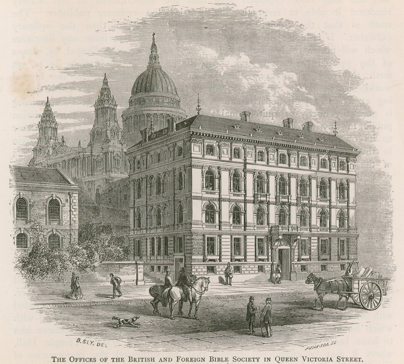 British and Foreign Bible Societyn toimistot Queen Victoria Streetillä Lontoossa tekijältä English School