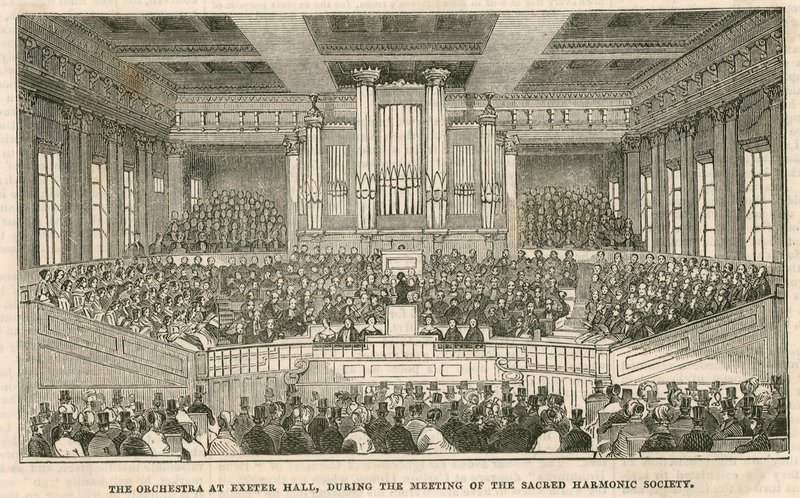 Orkesteri Exeter Hallissa Lontoossa Sacred Harmonic Societyn kokouksen aikana tekijältä English School