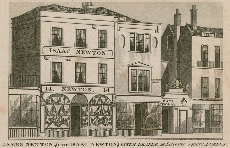 Isaac Newtonin myymälä, osoitteen 14 Leicester Square, Lontoon liinavaatteet tekijältä English School