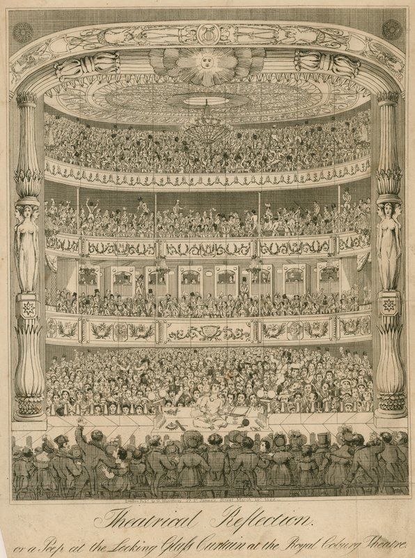 Teatteriheijastus tai kurkistus lasiverhoon Royal Coburg -teatterissa tekijältä English School