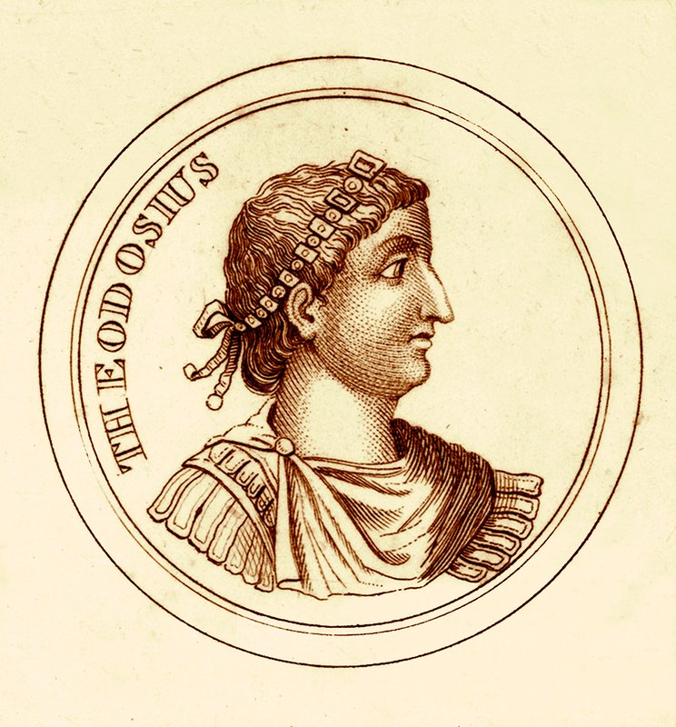Theodosius, kuvitus George Crabbin yleisestä historiallisesta sanakirjasta, julkaistu 1825 (digitaalisesti paranneltu kuva) tekijältä English School