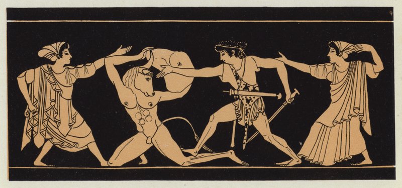 Theseus tappaa Minotauroksen (värilitografia) tekijältä English School