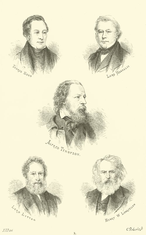 Thomas Hood, Lord Macaulay, Alfred Tennyson, Lord Lytton, Henry W Longfellow tekijältä English School