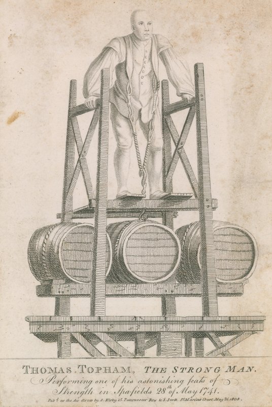 Thomas Topham, vahva mies, suorittamassa yhden hämmästyttävistä voimateoistaan Spitalfieldsissä 28. toukokuuta 1741 tekijältä English School