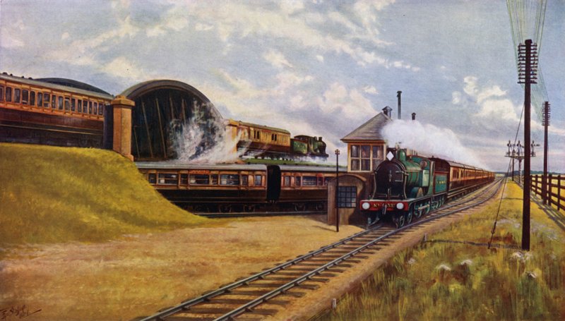 Kolme Lontoon ja South Western Railwayn pikajunaa Battledown Junctionissa, Hampshiressa (värilitho) tekijältä English School