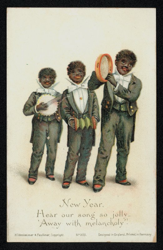 Kolme mustaa poikaa soittamassa soittimia, uudenvuoden onnittelukortti (chromolitho) tekijältä English School