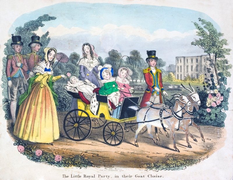 Kolme kuningatar Victorian lasta ratsastaa vuohien vetämissä vaunuissa (väri litho) tekijältä English School