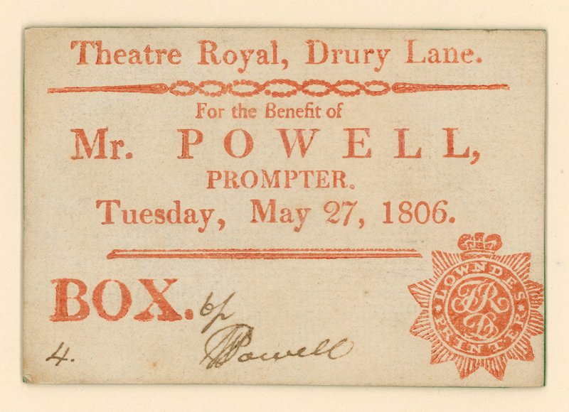 Lippu Drury Lane -teatteriin, Lontoo: Herra Powellin eduksi, prompteri, 27. toukokuuta 1806 tekijältä English School