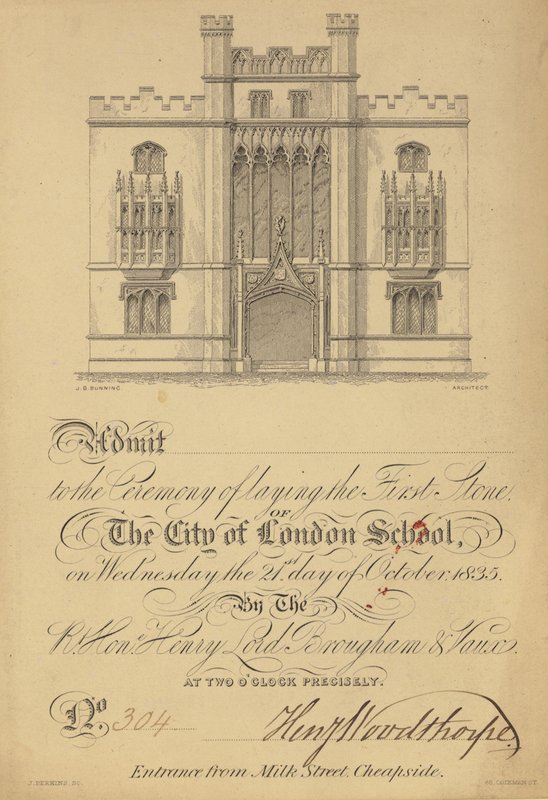 Lippu City of London Schoolin ensimmäisen kiven muuraukseen 21. lokakuuta 1835 tekijältä English School