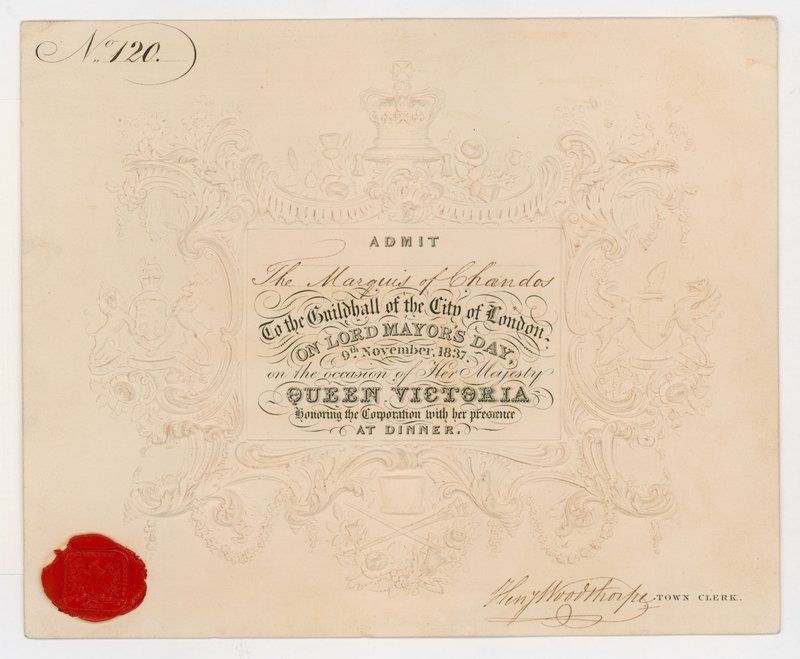 Lippu Guildhalliin Lontoon Cityyn päästäkseen sisään Marquis of Chandosille Lord Mayors -päivänä 9. marraskuuta 1837 illalliselle kuningatar Victorian kunniaksi tekijältä English School