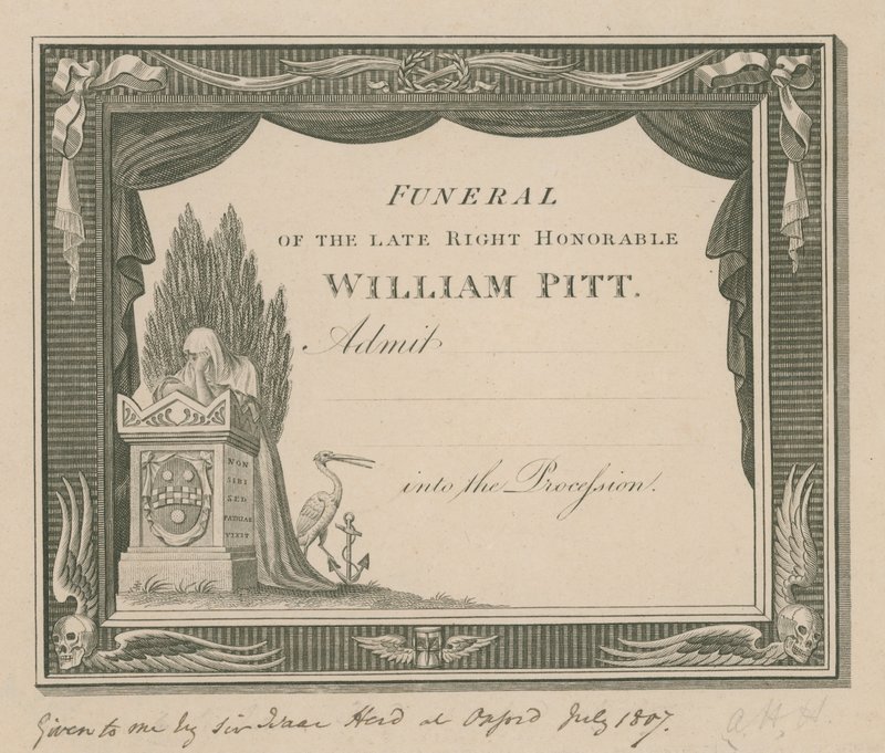 Lippu edesmenneen William Pittin hautajaisiin tekijältä English School