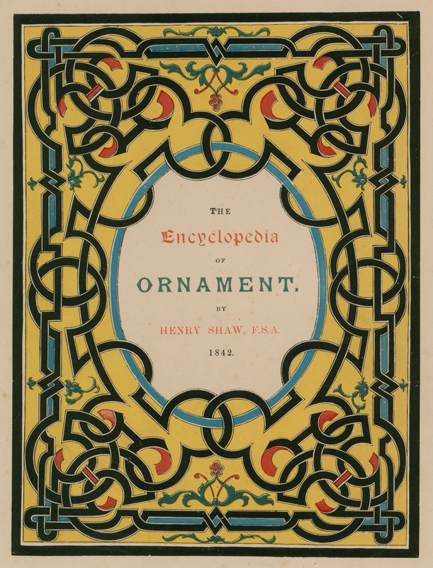 Nimiölehti. Kuvitus The Encyclopedia of Ornament -teokseen (värilitografia). tekijältä English School