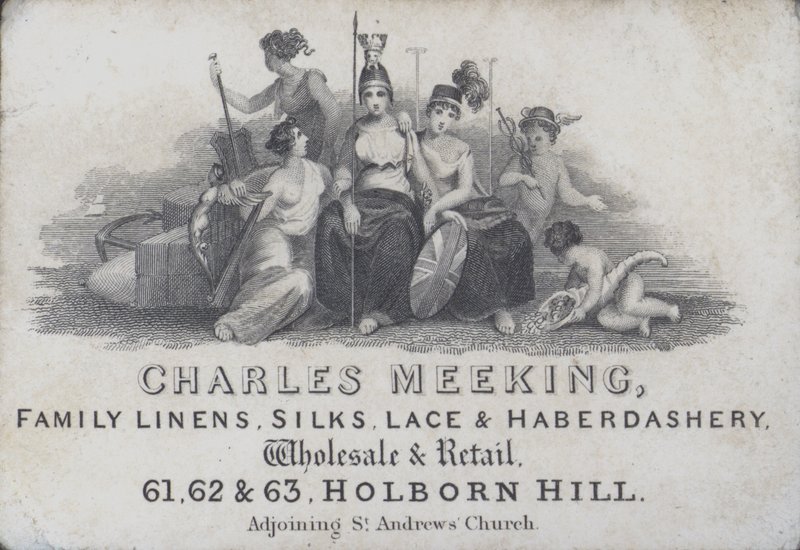 Kauppakorttimainonta Charles Meeking, pellava-, silkki-, pitsi- ja lyhyttavarakauppias, Holborn Hill, Lontoo (kaiverrus) tekijältä English School