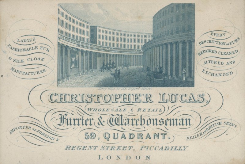 Kauppakorttimainonta Christopher Lucas, tukku- ja vähittäiskauppias turkismies ja varastomies, 59, Quadrant, Regent Street, Piccadilly, Lontoo (kaiverrus) tekijältä English School