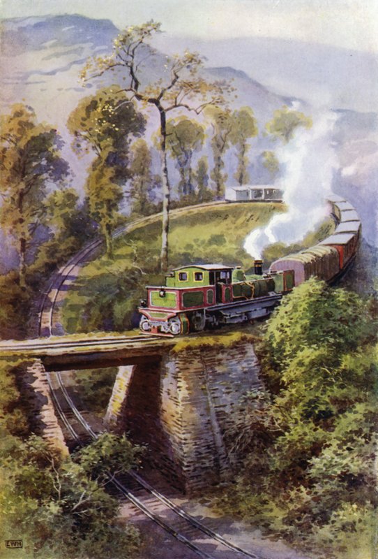 Juna kiertää Agony Pointia, silmukkaa Darjeeling Himalayan Railwaylla, Intia (väri litho) tekijältä English School
