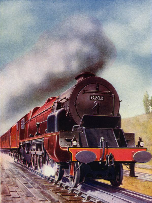 Lontoon, Midlandin ja Scottish Railwayn turbiinikäyttöinen 4-6-2 Pacific -höyryveturi (väri litho) tekijältä English School