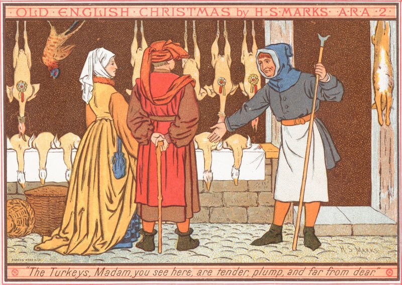 Kalkkunat roikkuvat Butchersin ikkunassa, joulukortti tekijältä English School