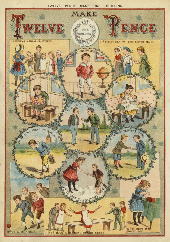 Kaksitoista penniä tekee yhden shillinkin (chromolitho) tekijältä English School