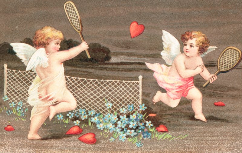 Kaksi kerubia pelaavat tennistä sydämellä palloa varten tekijältä English School