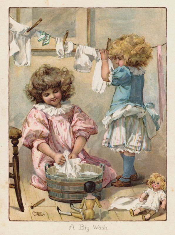 Dues nenes rentant la roba de les seves nines (chromolitho)finlandès tekijältä English School