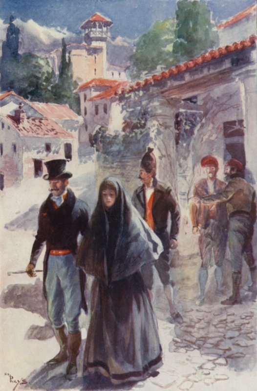Kaksi tai kolme nuorta miestä saattoi Orson ja hänen sisarensa ovelle (väri litho) tekijältä English School