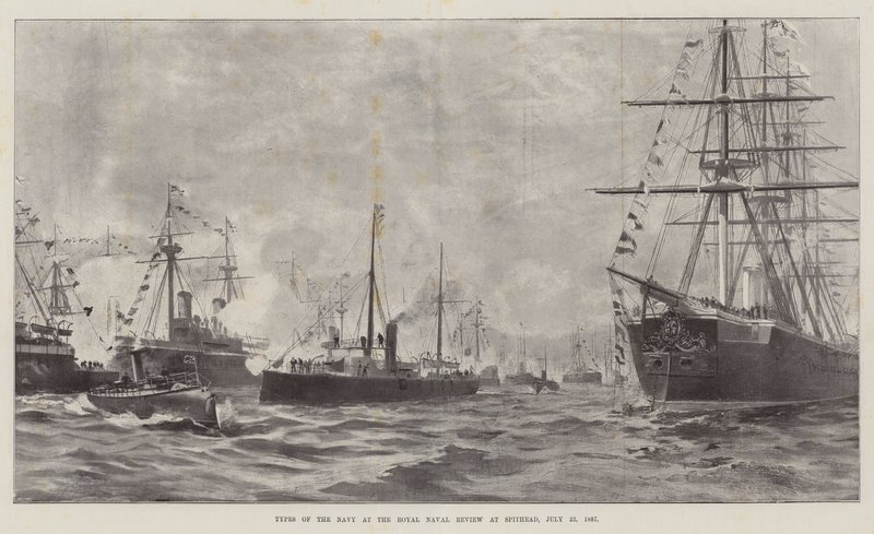 Laivaston tyypit Royal Naval Reviewissa Spitheadissa, 23. heinäkuuta 1887 (litho) tekijältä English School