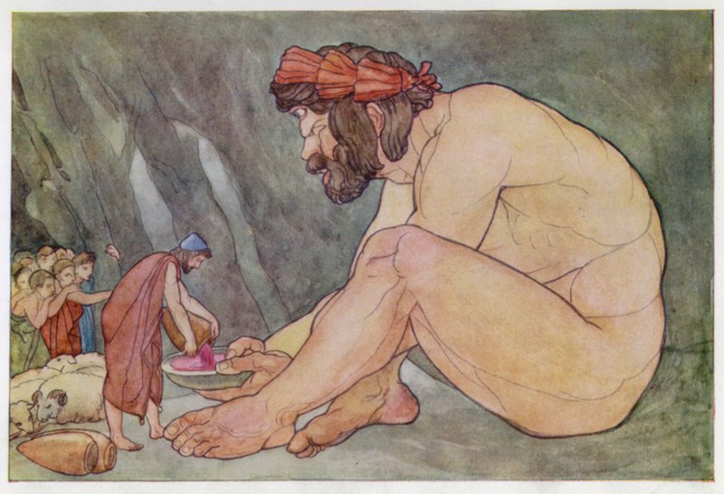 Ulysses antaa viiniä kykloopeille (väri litho) tekijältä English School