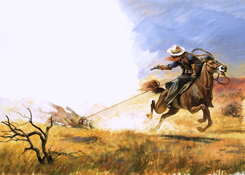 Tuntematon cowboy ampuu lasso-vuorileijonaa tekijältä English School